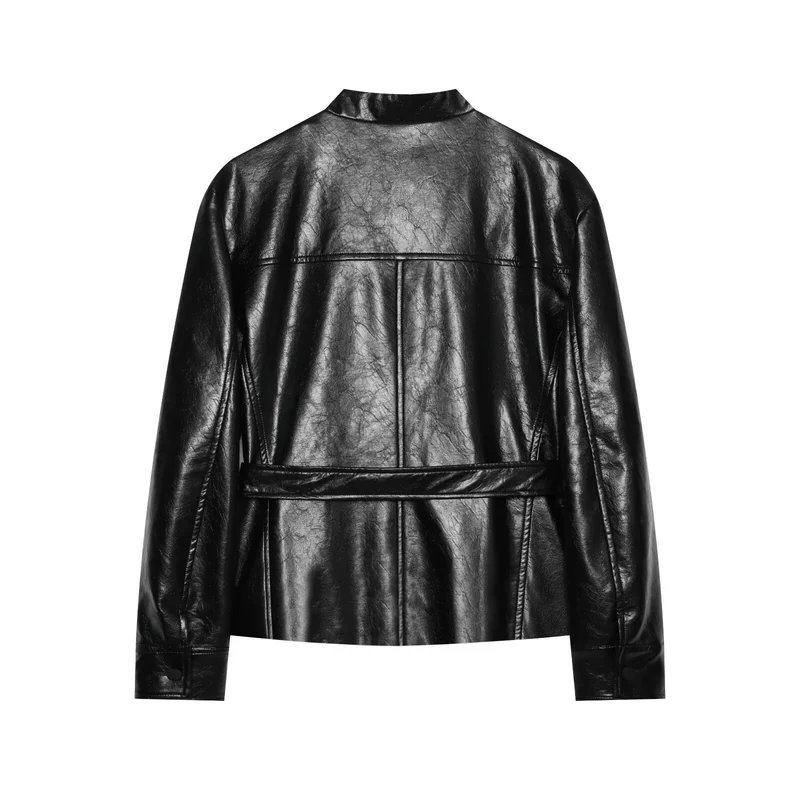 Damen Taillierter Kunstleder-Blouson mit Bindegürtel und Pattentaschen Drune