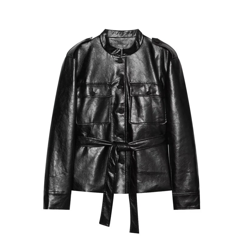 Damen Taillierter Kunstleder-Blouson mit Bindegürtel und Pattentaschen Drune