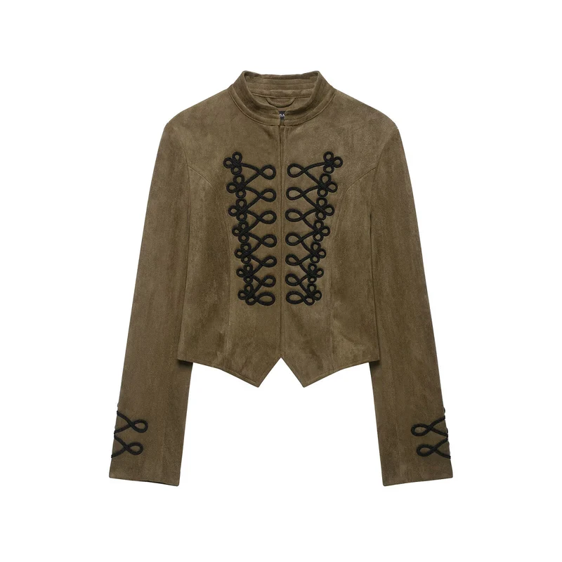 Damen Taillierter Cropped‑Veloursleder‑Blouson mit militärischer Kordelapplikation und Stehkragen Drune