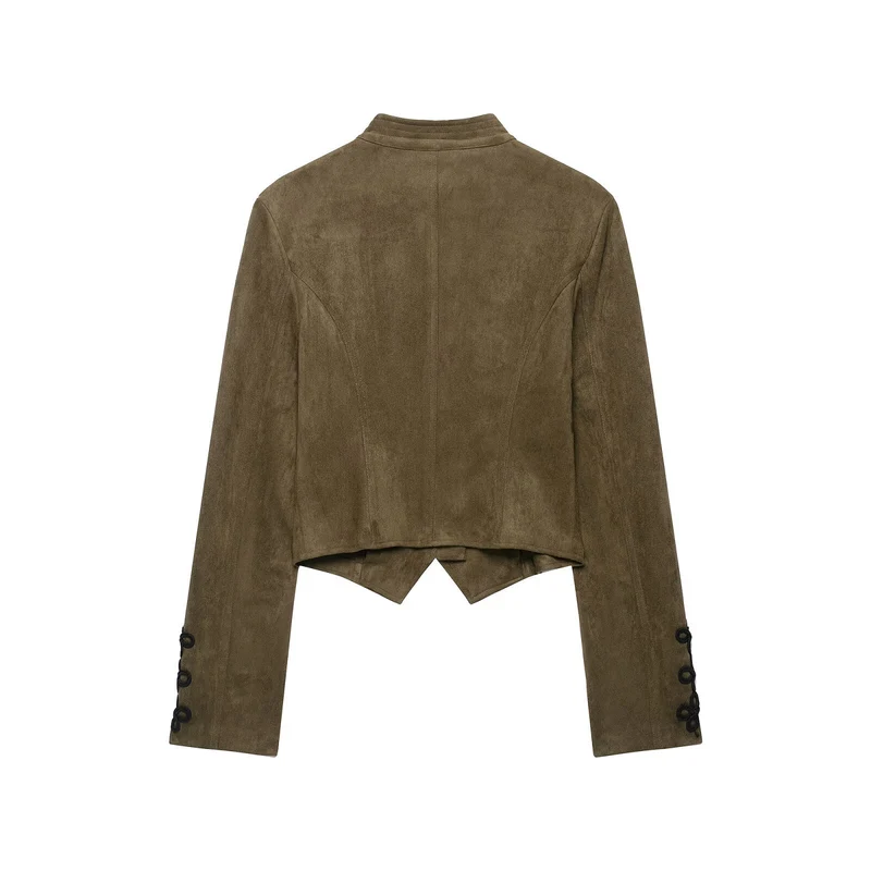 Damen Taillierter Cropped‑Veloursleder‑Blouson mit militärischer Kordelapplikation und Stehkragen Drune