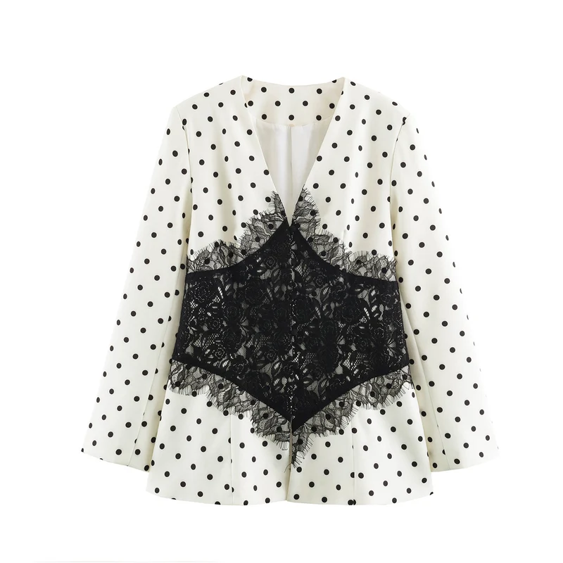 Damen Taillierter Blazer mit Spitzenbesatz und Punktemuster Drune