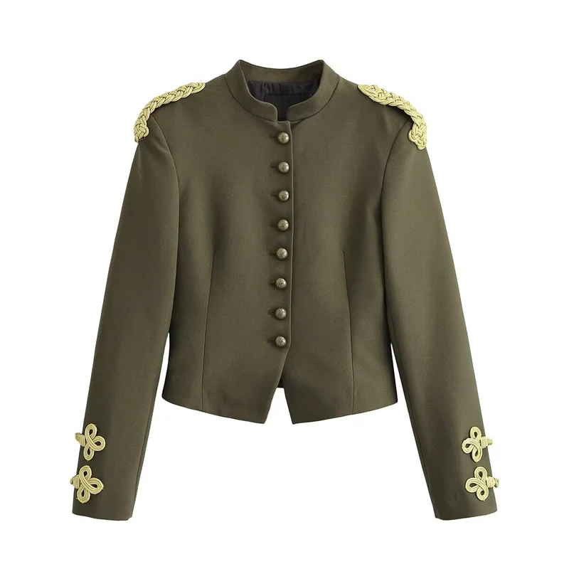 Damen taillierte militärische Kurzjacke mit Stehkragen, Epauletten und verzierten Zierknoten Drune