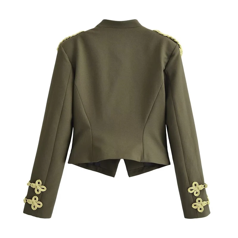 Damen taillierte militärische Kurzjacke mit Stehkragen, Epauletten und verzierten Zierknoten Drune