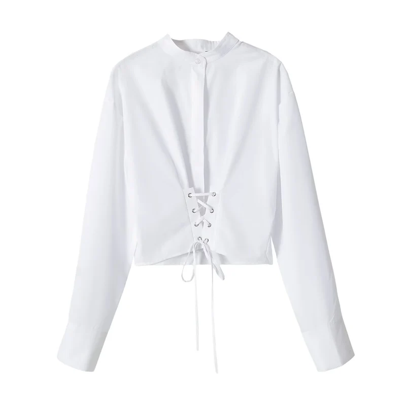 Damen Taillierte Kurzbluse mit vorderer Schnürung und Stehkragen Drune