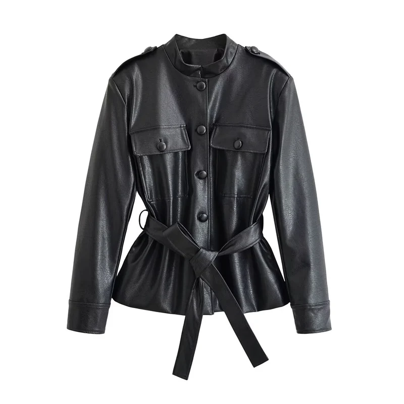 Damen Taillierte Kunstlederjacke mit Bindegürtel, Stehkragen und Pattentaschen Drune