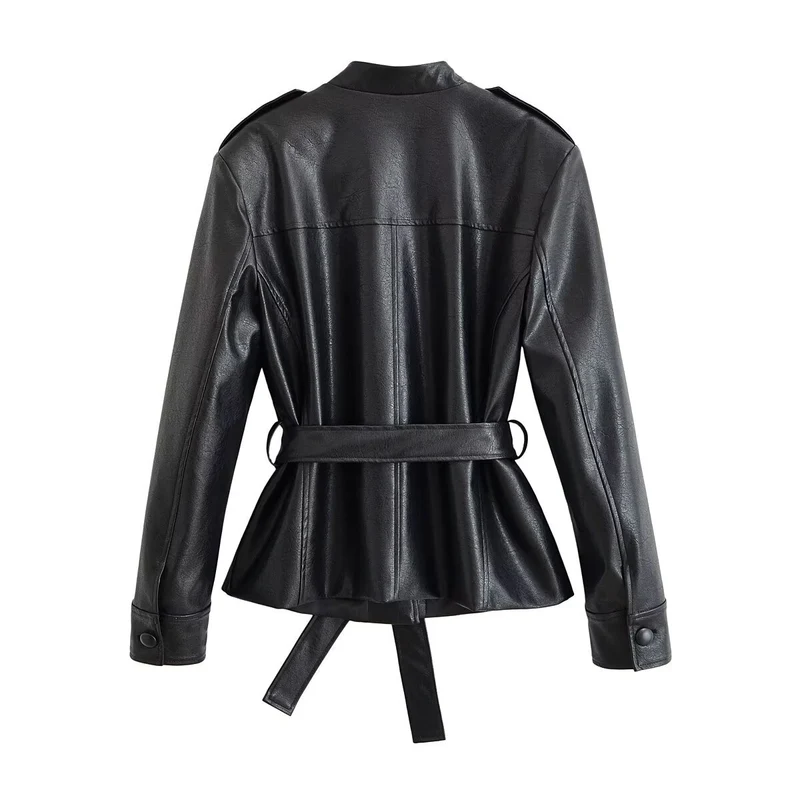 Damen Taillierte Kunstlederjacke mit Bindegürtel, Stehkragen und Pattentaschen Drune