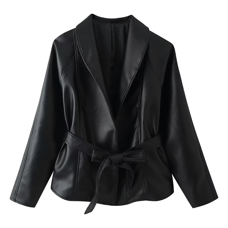 Damen Taillierte Kunstleder-Jacke mit Schalkragen und Bindegürtel Drune