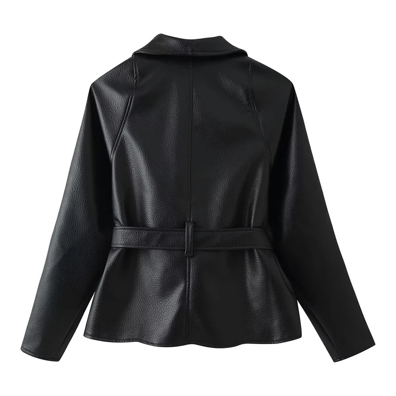 Damen Taillierte Kunstleder-Jacke mit Schalkragen und Bindegürtel Drune
