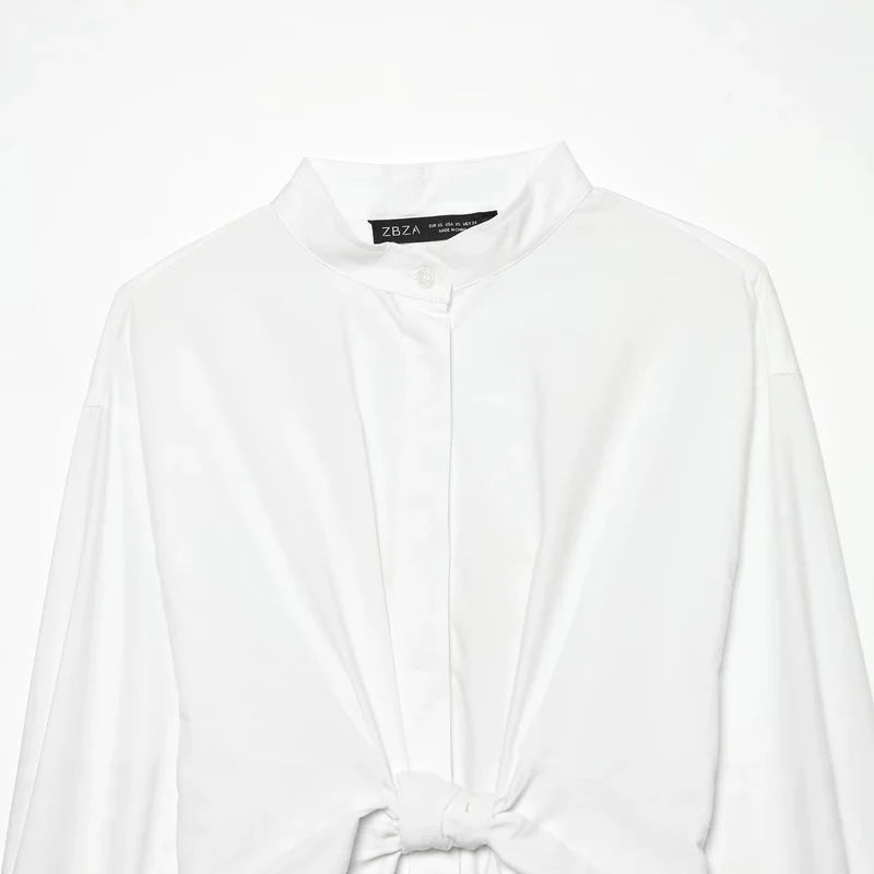 Damen Taillierte Cropped-Bluse mit Stehkragen, Schnürung und langen Manschetten Drune