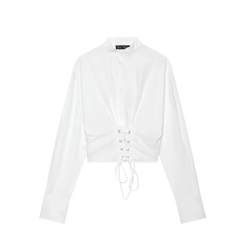 Damen Taillierte Cropped-Bluse mit Stehkragen, Schnürung und langen Manschetten Drune