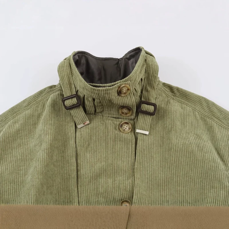 Damen Taillierte Cordfeldjacke mit Stehkragen Schulterpasse und Gürtel Drune