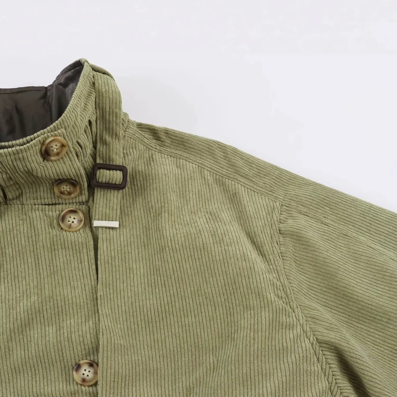 Damen Taillierte Cordfeldjacke mit Stehkragen Schulterpasse und Gürtel Drune
