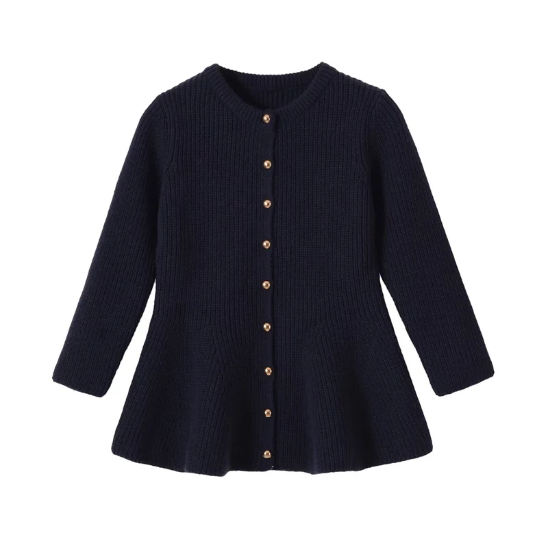 Damen Strickjacke mit tailliertem, ausgestelltem Saum und Zierknopfleiste Drune