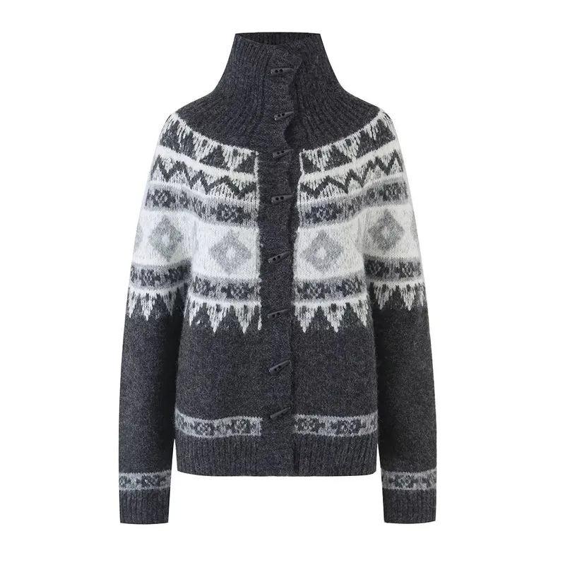 Damen Strickjacke mit durchgehendem Reißverschluss, Rippkragen und Norweger-Muster Drune