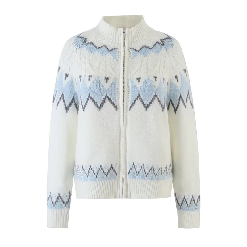 Damen Strickjacke mit durchgehendem Reißverschluss, Rippkragen und Norweger-Muster Drune
