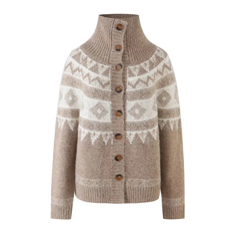 Damen Strickjacke mit durchgehendem Reißverschluss, Rippkragen und Norweger-Muster Drune