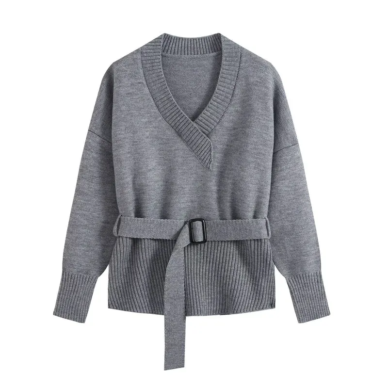 Damen Strick-Set mit V‑Ausschnitt, Taillengürtel und weiten Culotte-Hosen Drune