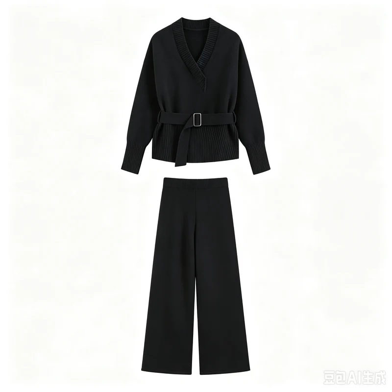 Damen Strick-Set mit V‑Ausschnitt, Taillengürtel und weiten Culotte-Hosen Drune