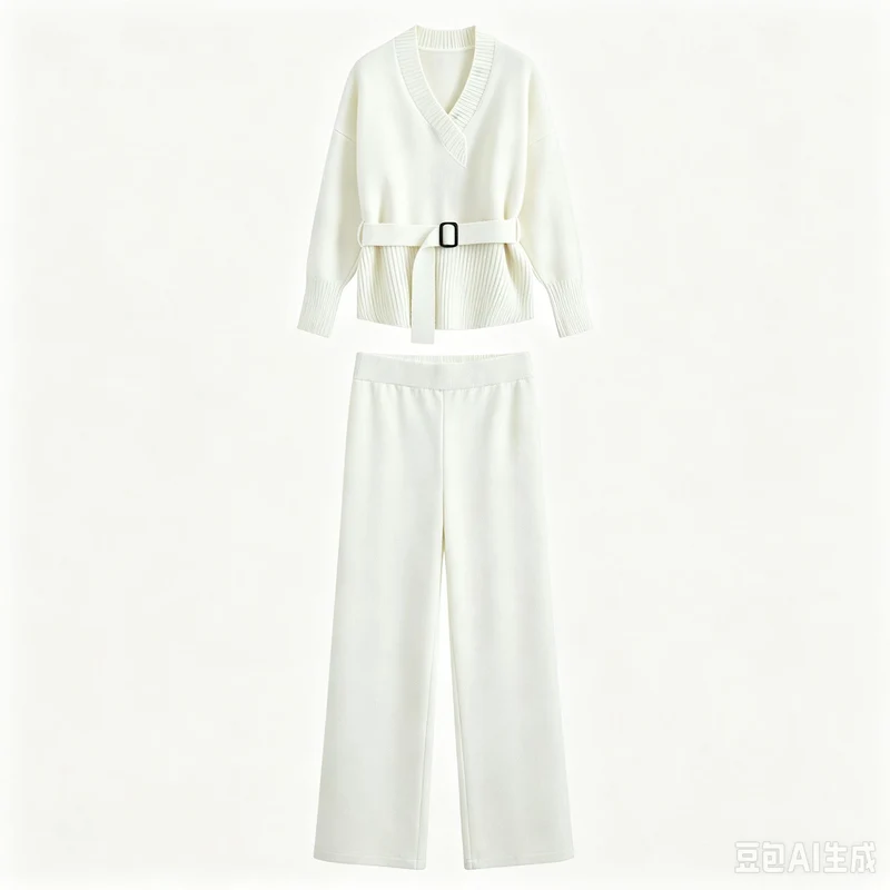Damen Strick-Set mit V‑Ausschnitt, Taillengürtel und weiten Culotte-Hosen Drune