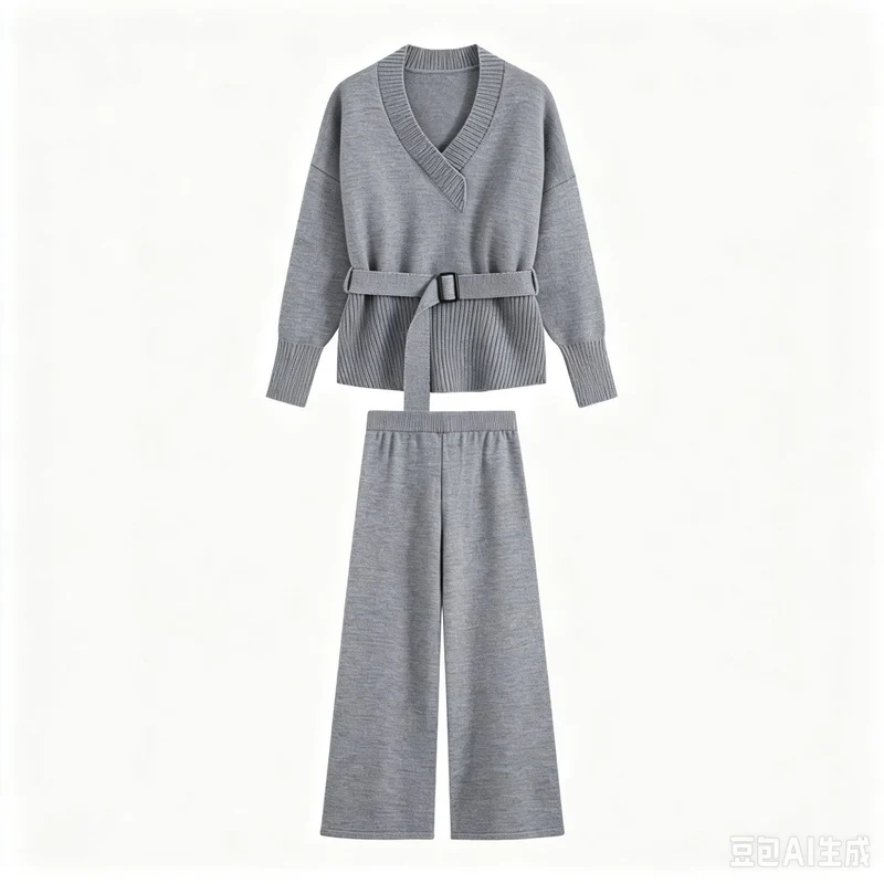 Damen Strick-Set mit V‑Ausschnitt, Taillengürtel und weiten Culotte-Hosen Drune