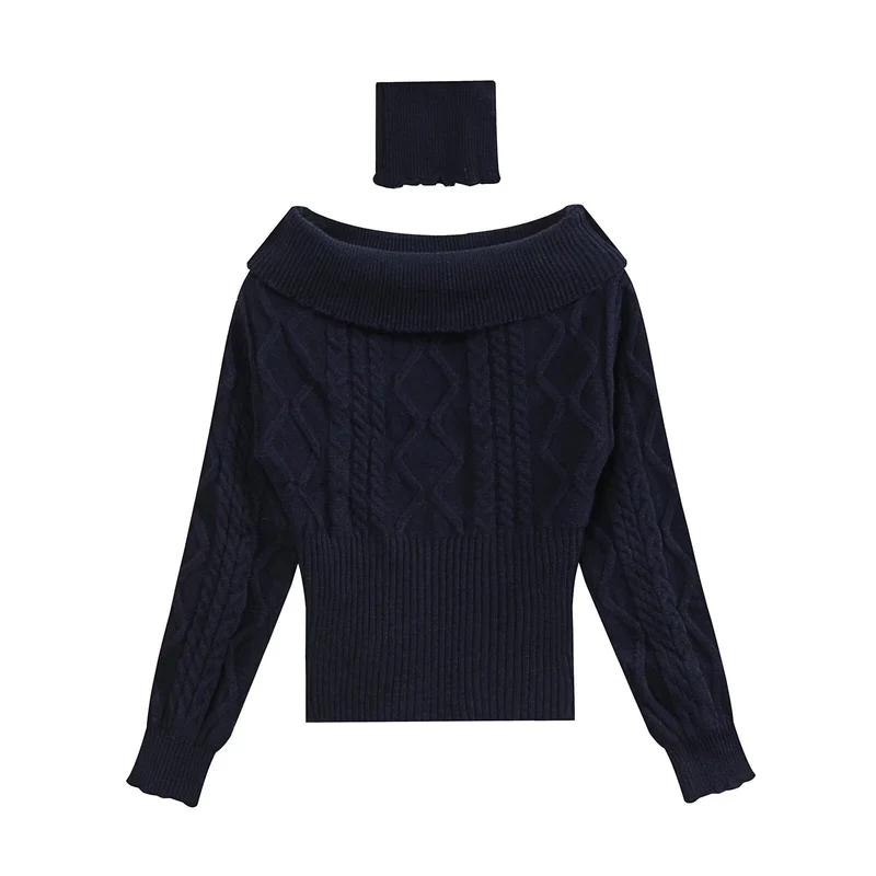 Damen Schulterfreier Zopfmuster-Pullover mit weitem Umschlagkragen Drune