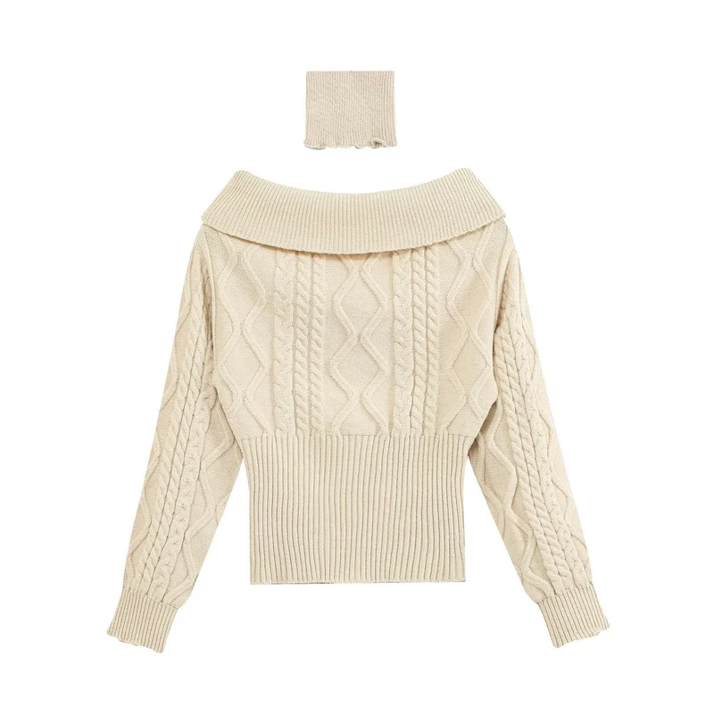 Damen Schulterfreier Zopfmuster-Pullover mit weitem Umschlagkragen Drune