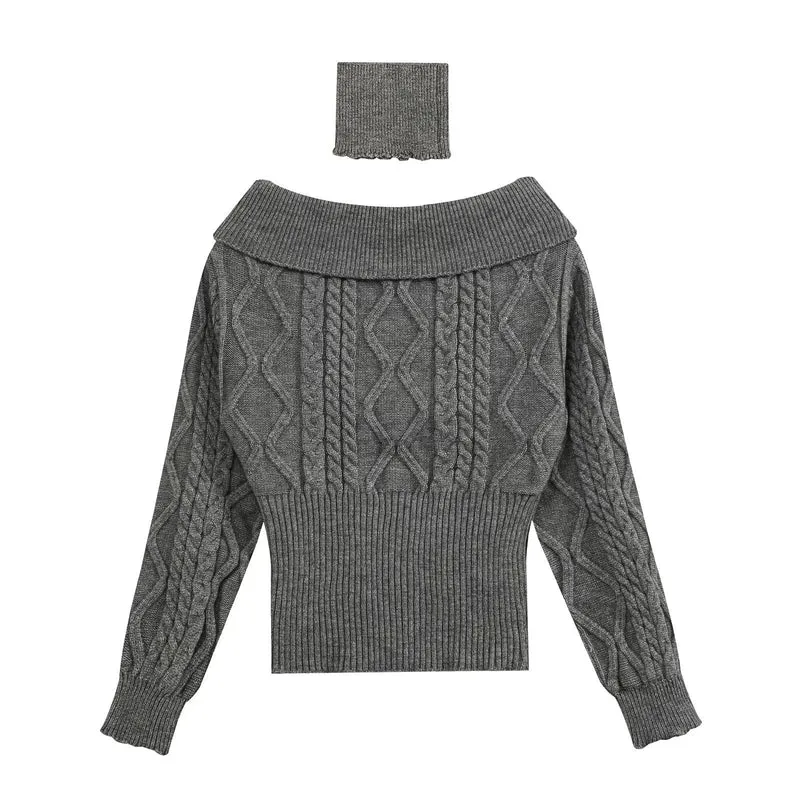 Damen Schulterfreier Zopfmuster-Pullover mit weitem Umschlagkragen Drune
