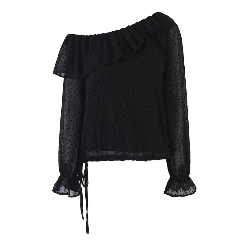 Damen Schulterfreie Chiffonbluse mit Volantkragen und transparenten Puffärmeln Drune