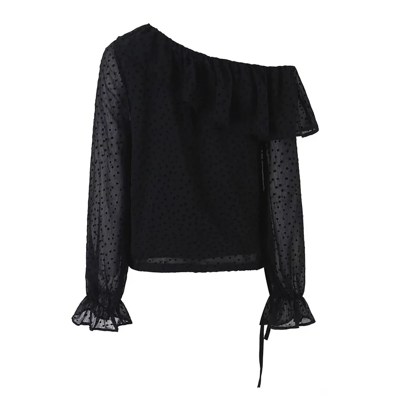 Damen Schulterfreie Chiffonbluse mit Volantkragen und transparenten Puffärmeln Drune