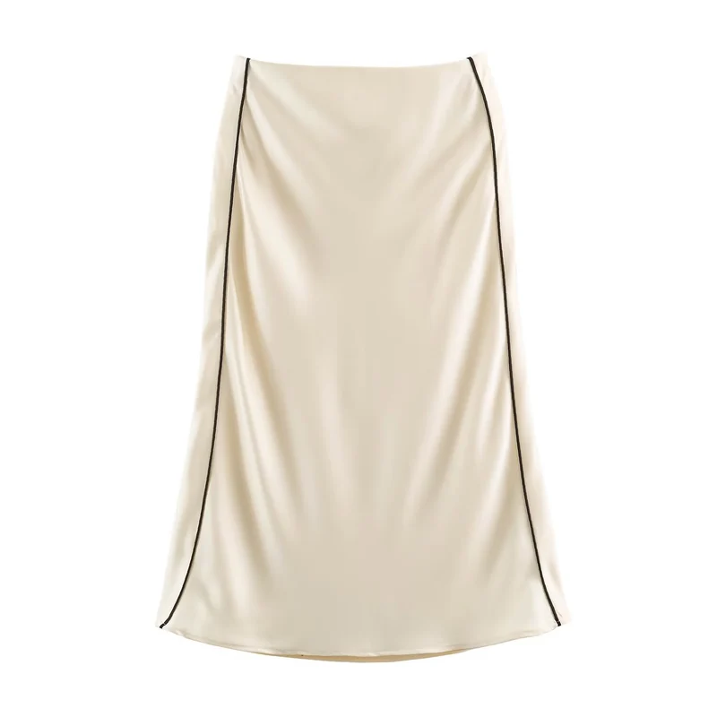 Damen Satin-Midirock mit seitlicher Überlappung und Kontrastpaspel Drune