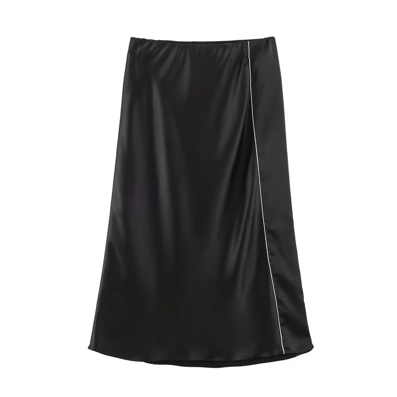 Damen Satin-Midirock mit seitlicher Überlappung und Kontrastpaspel Drune
