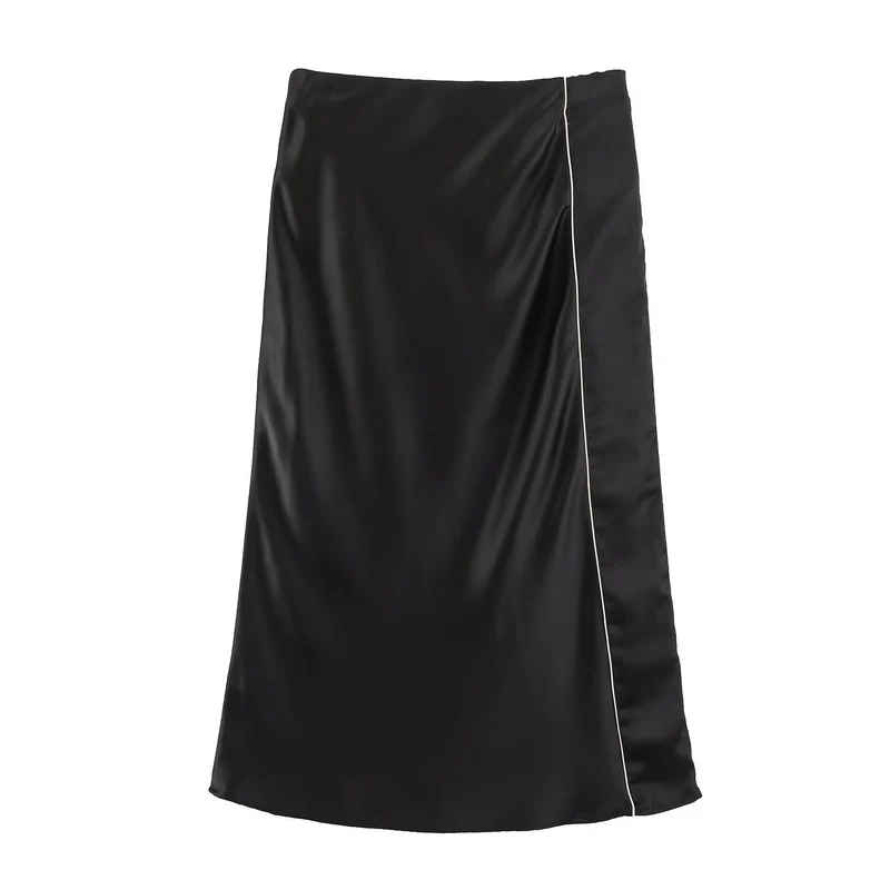 Damen Satin-Midirock mit seitlicher Überlappung und Kontrastpaspel Drune