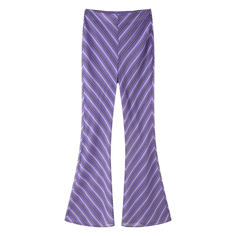 Damen Satin-Hose mit hoher Taille, weitem Schlag und diagonalem Streifenmuster Drune