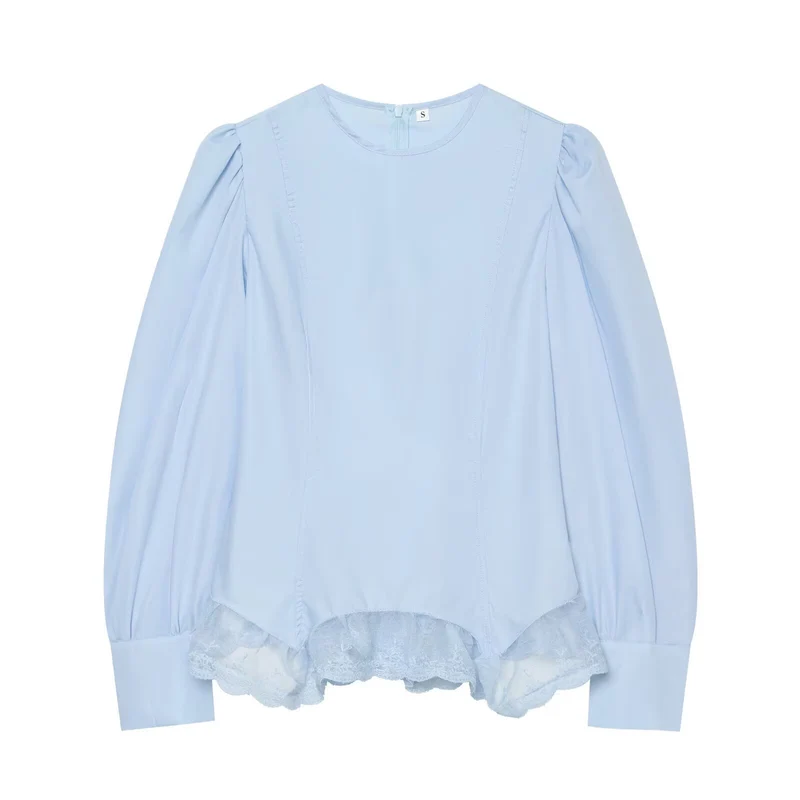 Damen Romantische Bluse mit Puffärmeln und Spitzenbesatz Drune