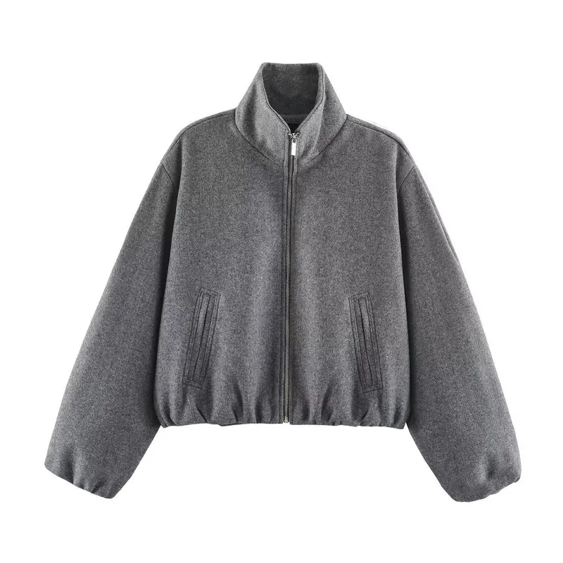 Damen Oversized Kurzblouson mit Stehkragen, Reißverschluss und elastischem Saum Drune