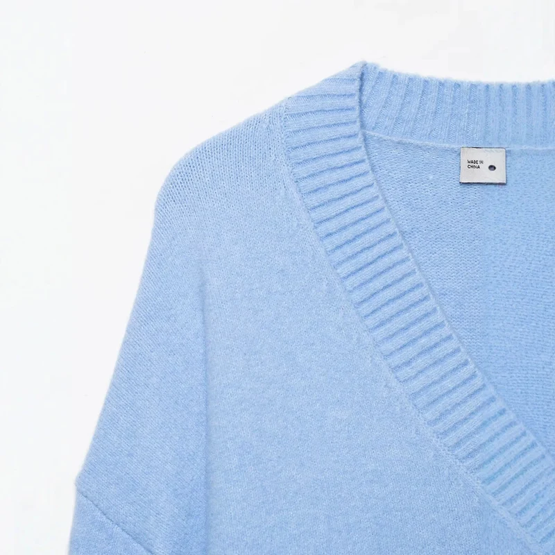 Damen Oversize V-Ausschnitt Strickpullover mit tiefem Fall und breitem Rippenbund Drune