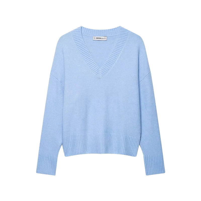 Damen Oversize V-Ausschnitt Strickpullover mit tiefem Fall und breitem Rippenbund Drune