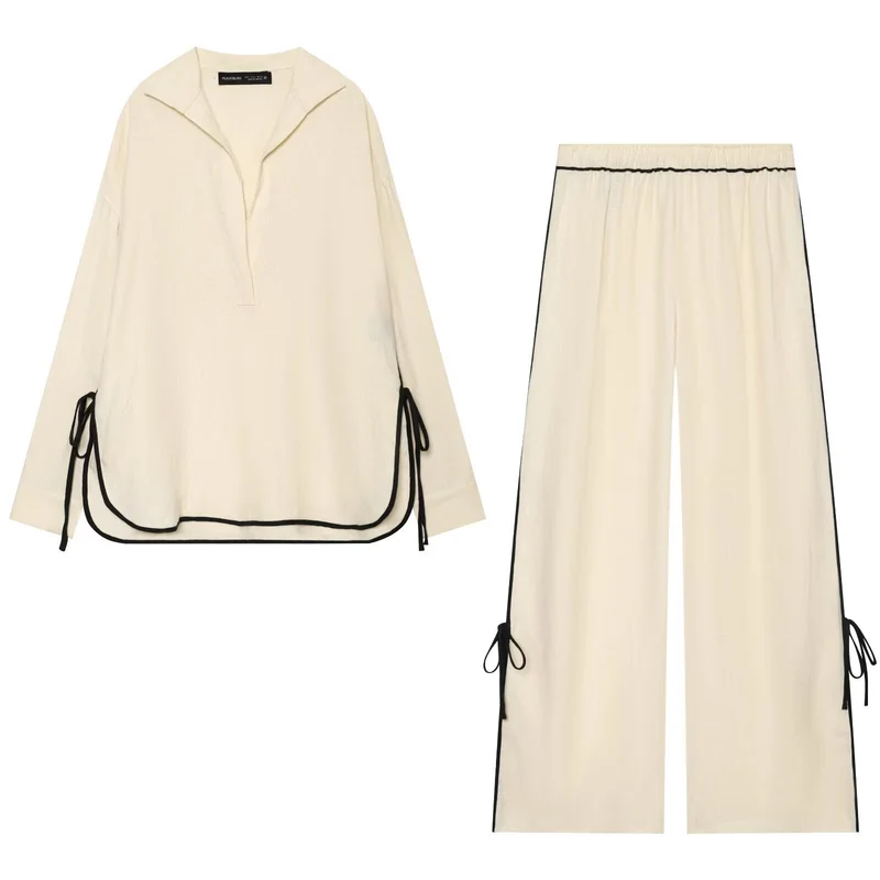 Damen Oversize Tunika-Pullover mit Polo-Kragen und seitlichen Zierbändern Drune