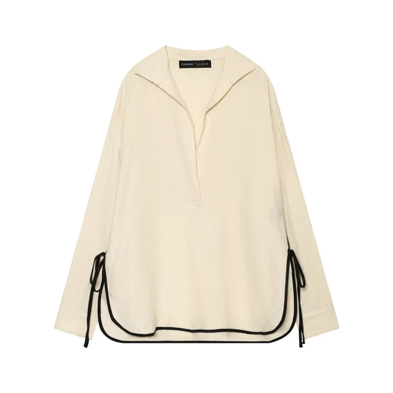 Damen Oversize Tunika-Pullover mit Polo-Kragen und seitlichen Zierbändern Drune