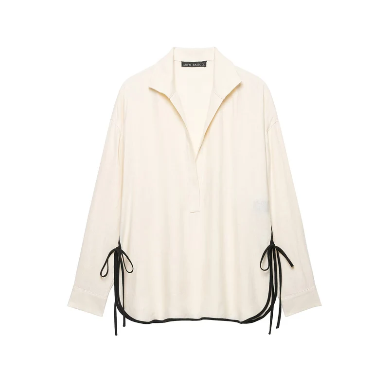 Damen Oversize-Tunika mit V-Ausschnitt, Reverskragen und seitlichen Bändchen-Details Drune