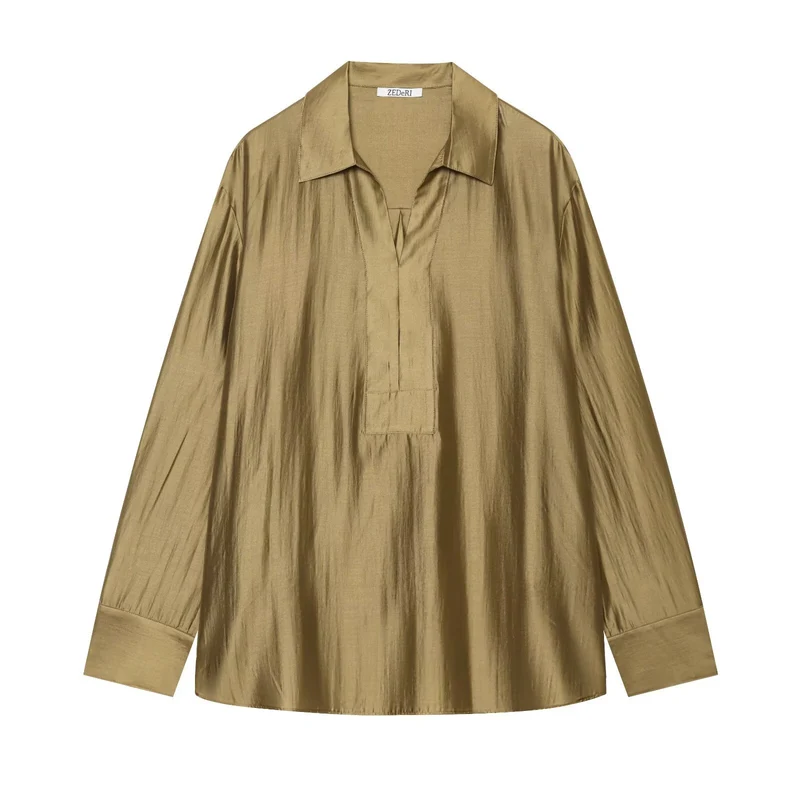 Damen Oversize Tunika Bluse aus schimmernder Crêpe‑Optik mit Hemdkragen und V‑Ausschnitt Drune