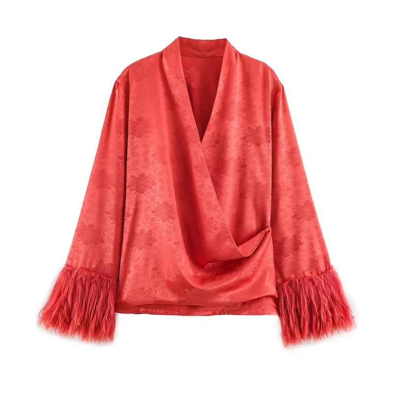 Damen Kimono-Wickelbluse aus Jacquard mit Federrüschensäumen Drune
