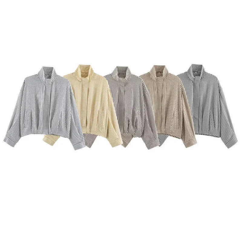 Damen Karo-Übergangsjacke im Oversize-Cropped-Schnitt mit hohem Stehkragen Drune