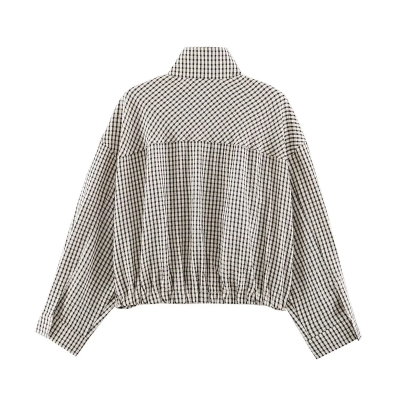 Damen Karo-Übergangsjacke im Oversize-Cropped-Schnitt mit hohem Stehkragen Drune