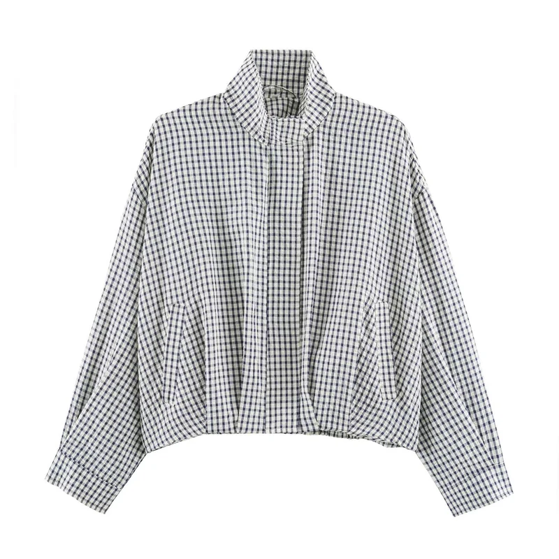 Damen Karo-Übergangsjacke im Oversize-Cropped-Schnitt mit hohem Stehkragen Drune