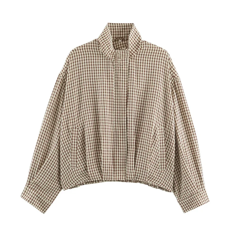 Damen Karo-Übergangsjacke im Oversize-Cropped-Schnitt mit hohem Stehkragen Drune