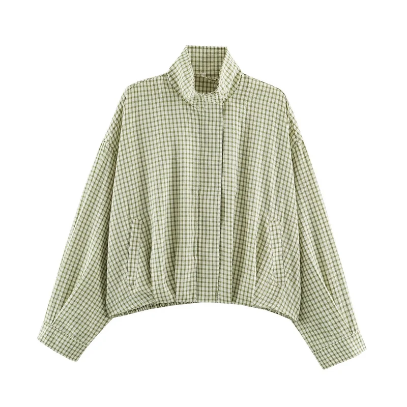 Damen Karo-Übergangsjacke im Oversize-Cropped-Schnitt mit hohem Stehkragen Drune