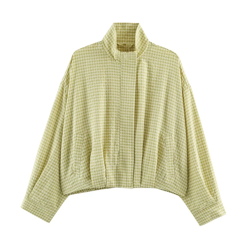 Damen Karo-Übergangsjacke im Oversize-Cropped-Schnitt mit hohem Stehkragen Drune