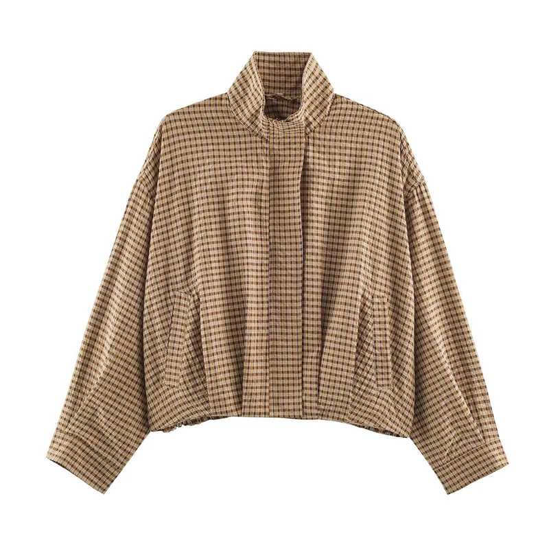 Damen Karo-Übergangsjacke im Oversize-Cropped-Schnitt mit hohem Stehkragen Drune