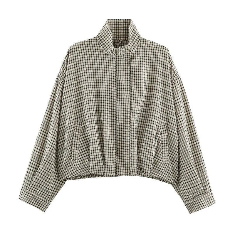 Damen Karo-Übergangsjacke im Oversize-Cropped-Schnitt mit hohem Stehkragen Drune